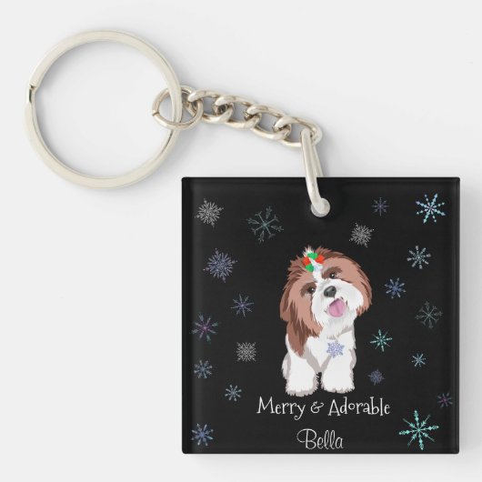 Merry & Schattig Shih Tzu met Snowflake Dog-naam Sleutelhanger (voorkant)