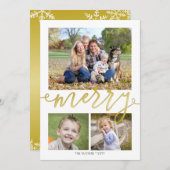 MERRY Script 3-foto Snowflakes op Gold Kerstmis Feestdagenkaart (Voorkant / Achterkant)