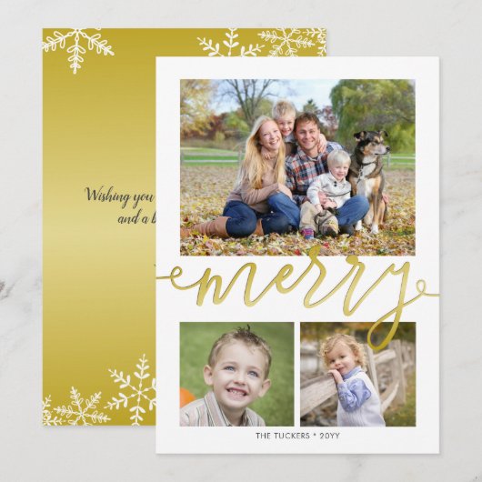 MERRY Script 3-foto Snowflakes op Gold Kerstmis Feestdagenkaart (Voorkant / Achterkant)