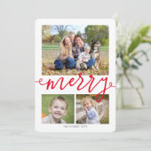 MERRY Script 3-foto Snowflakes Red Kerstmis Feestdagenkaart (Staand voorkant)