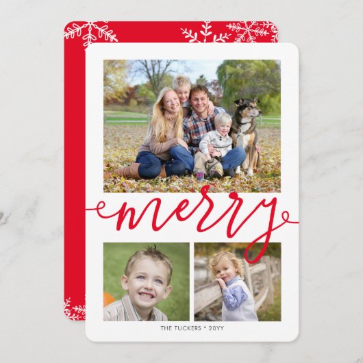 MERRY Script 3-foto Snowflakes Red Kerstmis Feestdagenkaart (Voorkant / Achterkant)