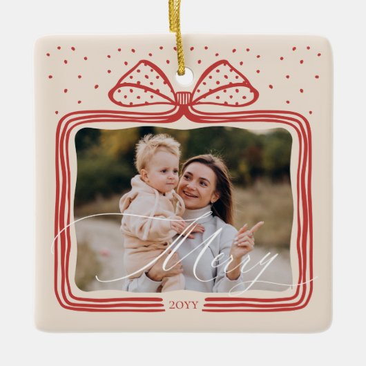 Merry Script Elegante Kerstboog Foto Keepsake Keramisch Ornament (Voorkant)