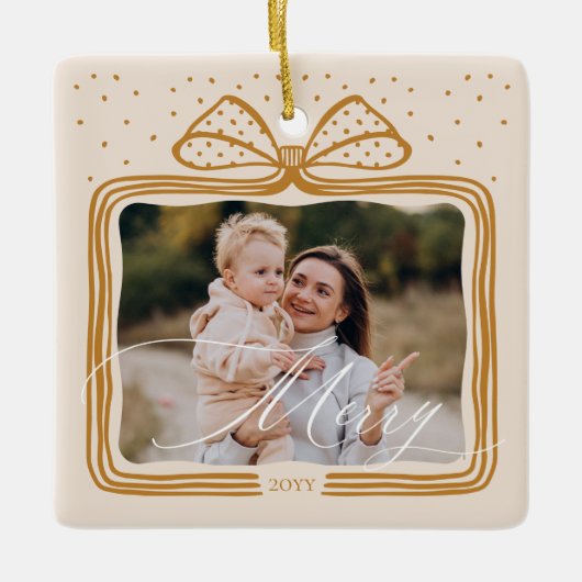 Merry Script Elegante Kerstboog Foto Keepsake Keramisch Ornament (Voorkant)