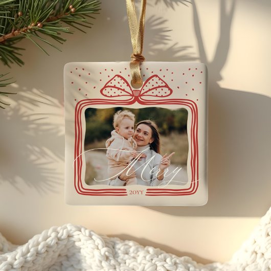 Merry Script Elegante Kerstboog Foto Keepsake Keramisch Ornament