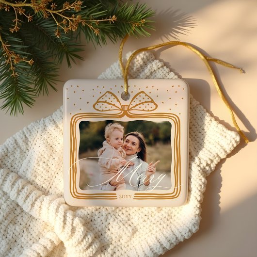 Merry Script Elegante Kerstboog Foto Keepsake Keramisch Ornament
