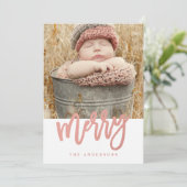 Merry Script Faux Roos Gold Foil Holiday Foto Feestdagenkaart (Staand voorkant)