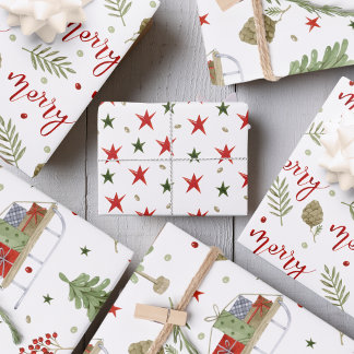 "Merry" script, Gezellige Sleigh Scenes, Sterren Inpakpapier Vel