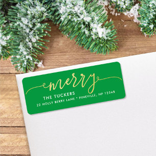 MERRY Script Goud & Helder Groen Kerstmisadres Etiket