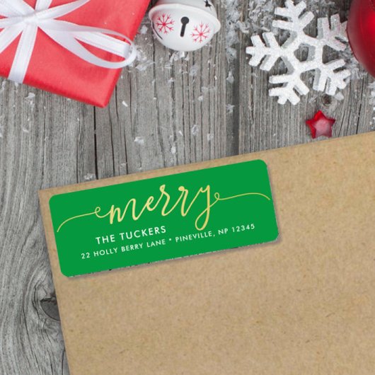 MERRY Script Goud & Helder Groen Kerstmisadres Etiket