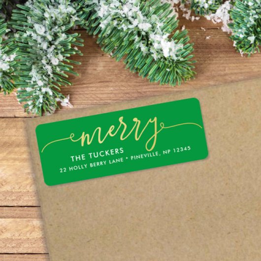 MERRY Script Goud & Helder Groen Kerstmisadres Etiket