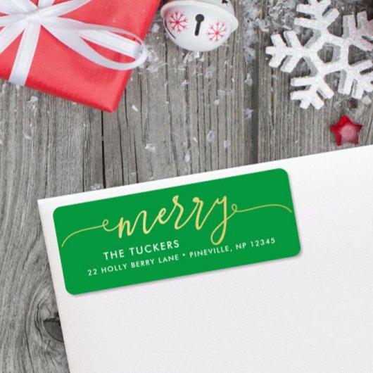 MERRY Script Goud & Helder Groen Kerstmisadres Etiket