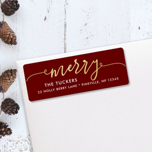 MERRY Script Gouden folie Donkerrood Kerstmis Adre Etiket