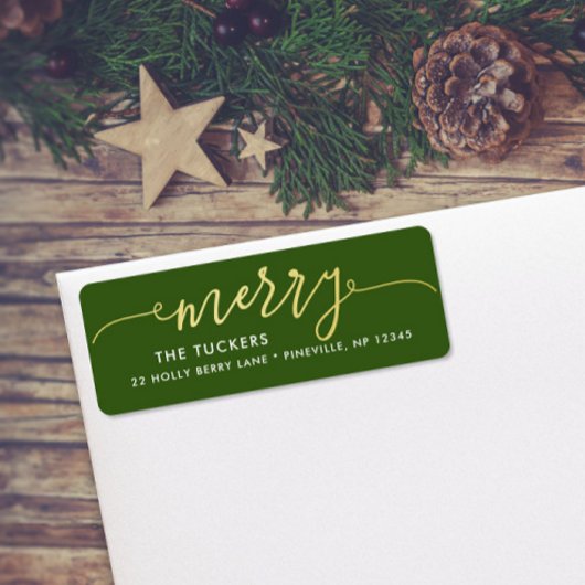 MERRY Script Gouden Folie Groen Kerstmis Adres Etiket