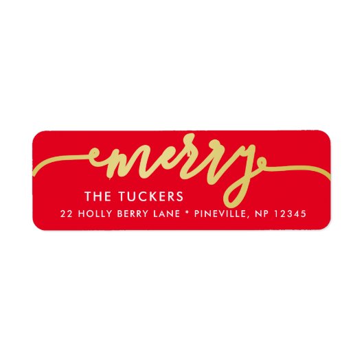 MERRY Script Gouden folie op Rode Kerstmis Adres Etiket (Voorkant)