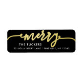 MERRY Script Gouden folie op Zwart Kerstmisadres Etiket (Voorkant)