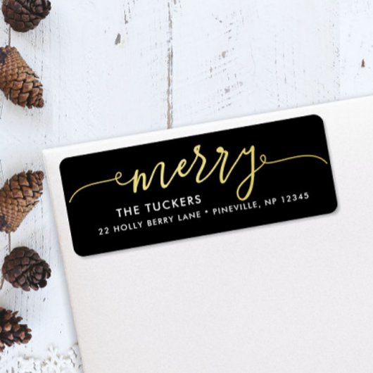 MERRY Script Gouden folie op Zwart Kerstmisadres Etiket