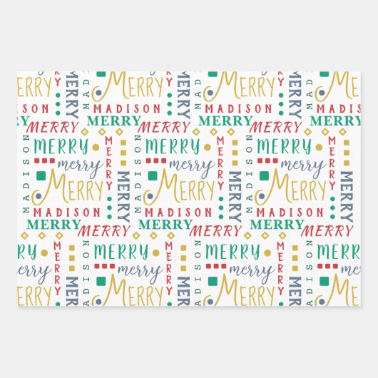 MERRY-script kleurig voor witte 4-fotokerstmis Inpakpapier Vel (Voorkant 3)
