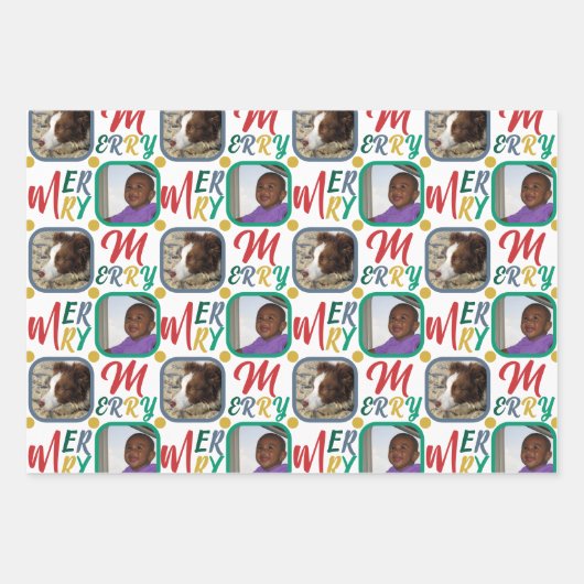 MERRY-script kleurig voor witte 4-fotokerstmis Inpakpapier Vel (Voorkant 2)