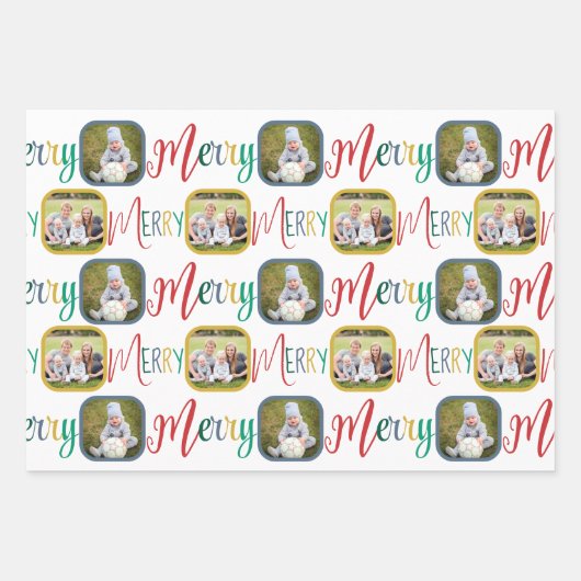MERRY-script kleurig voor witte 4-fotokerstmis Inpakpapier Vel (Voorkant)