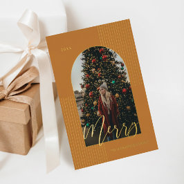 Merry Script Modern Stripe Photo Arch Lijst Yellow Folie Feestdagenkaart