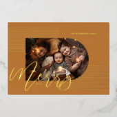 Merry Script Modern Stripe Photo Arch Lijst Yellow Folie Feestdagenkaart (Voorkant)
