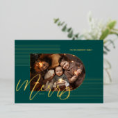 Merry Script Modern Stripes Photo Arch Lijst Green Folie Feestdagenkaart (Staand Voorkant)