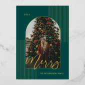 Merry Script Modern Stripes Photo Arch Lijst Green Folie Feestdagenkaart (Voorkant)