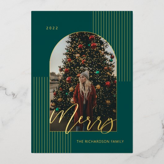 Merry Script Modern Stripes Photo Arch Lijst Green Folie Feestdagenkaart (Voorkant)