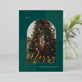 Merry Script Modern Stripes Photo Arch Lijst Green Folie Feestdagenkaart (Staand Voorkant)