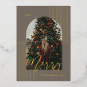 Merry Script Modern Stripes Photo Arch Lijst Grey Folie Feestdagenkaart (Voorkant)