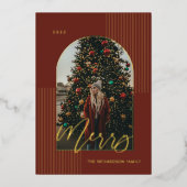 Merry Script Modern Stripes Photo Arch Lijst Red Folie Feestdagenkaart (Voorkant)