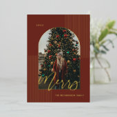 Merry Script Modern Stripes Photo Arch Lijst Red Folie Feestdagenkaart (Staand Voorkant)