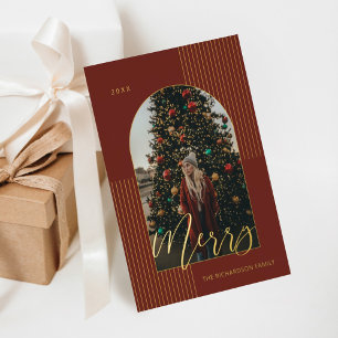 Merry Script Modern Stripes Photo Arch Lijst Red Folie Feestdagenkaart