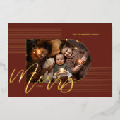 Merry Script Modern Stripes Photo Arch Lijst Red Folie Feestdagenkaart (Voorkant)