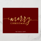 MERRY Script op donkerrood kerstgoud Folie Feestdagenkaart (Voorkant)