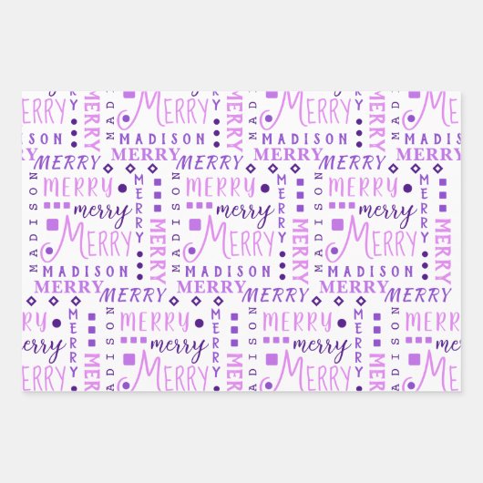 MERRY Script Paars op White 4-fotokerstmis Inpakpapier Vel (Voorkant 3)