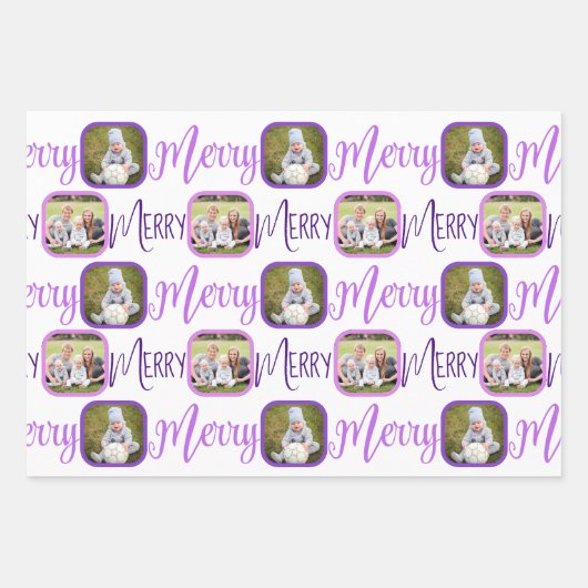 MERRY Script Paars op White 4-fotokerstmis Inpakpapier Vel (Voorkant)