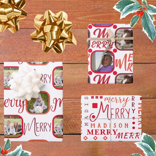 MERRY Script Red op White 4-foto-kerstkaart Inpakpapier Vel