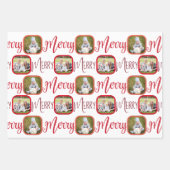 MERRY Script Red op White 4-foto-kerstkaart Inpakpapier Vel (Voorkant)