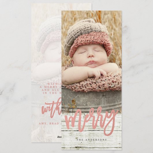 Merry Script Roos Gold Foil Rustic Wood Foto Feestdagenkaart (Voorkant / Achterkant)