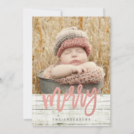 Merry Script Roos Gold Foil Rustic Wood Foto Feestdagenkaart