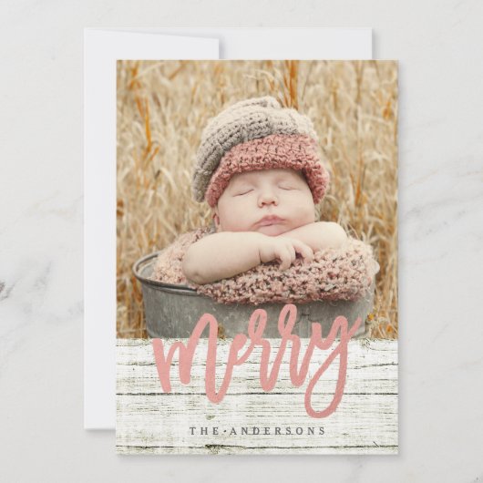 Merry Script Roos Gold Foil Rustic Wood Foto Feestdagenkaart (Voorkant)