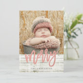 Merry Script Roos Gold Foil Rustic Wood Foto Feestdagenkaart (Staand voorkant)