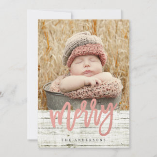 Merry Script Roos Gold Foil Rustic Wood Foto Feestdagenkaart
