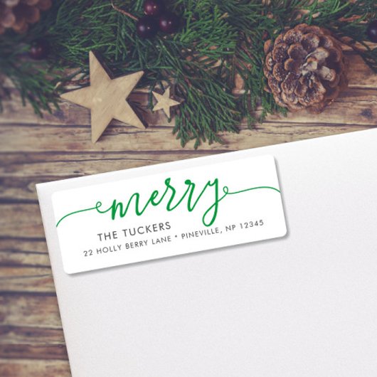 MERRY Script Simple Green Kerstreturn Address Etiket