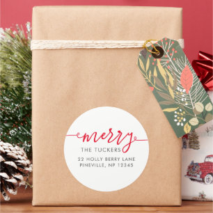 MERRY Script Simple Red kerstreturn Address Ronde Sticker