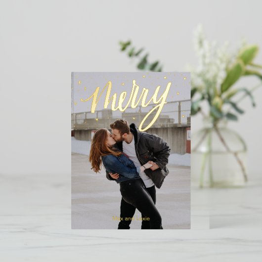 Merry Scripted Golden Wreath foto Kerstmis Folie Feestdagen Briefkaart (Staand Voorkant)