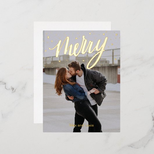 Merry Scripted Golden Wreath foto Kerstmis Folie Feestdagen Briefkaart (Voorkant / Achterkant)