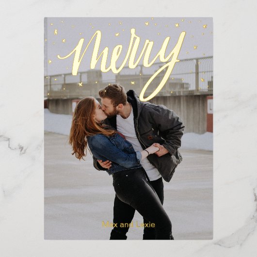 Merry Scripted Golden Wreath foto Kerstmis Folie Feestdagen Briefkaart (Voorkant)