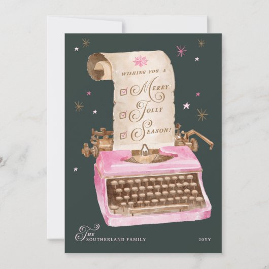 Merry Season  roze typemachine kerst Feestdagenkaart (Voorkant)